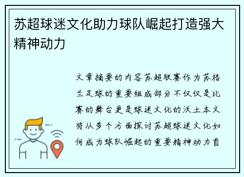 苏超球迷文化助力球队崛起打造强大精神动力