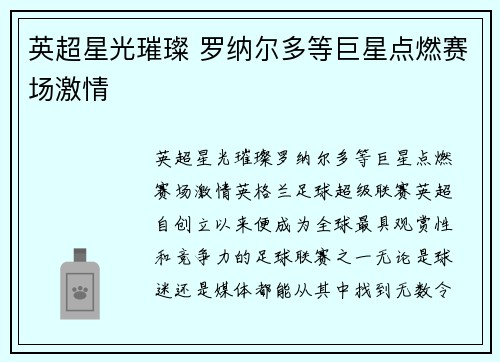 英超星光璀璨 罗纳尔多等巨星点燃赛场激情